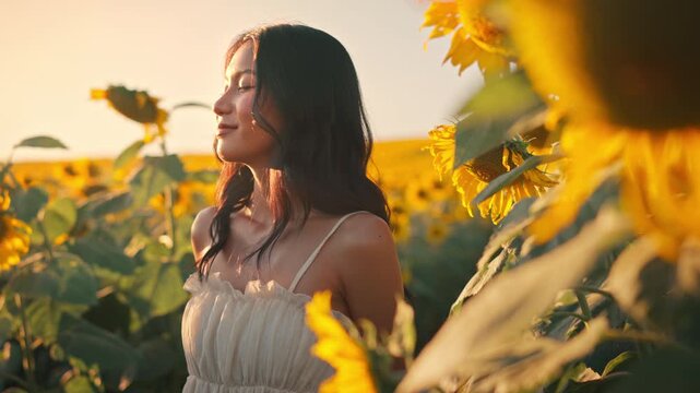Peaceful Asian woman standing with eyes closed taking deep breath in yellow sunflower field during golden hour sunset, young female enjoying fresh air and nature relaxation for mental health, wellness