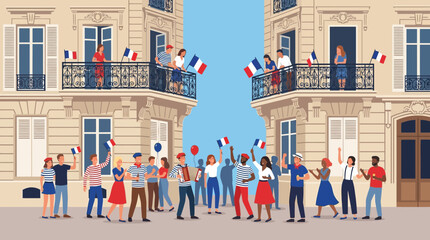 People Celebrating Bastille Day in Paris Streets with French Flags © Ica