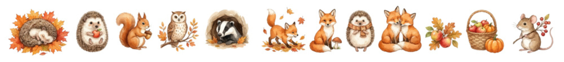Obraz premium Autumn woodland animal clipart collection with watercolor forest friends and cozy harvest theme. Collection of Vector illustrations for invitation, card, poster, banner, decoration