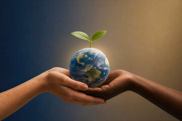 Obraz premium COP31 climate conference global cooperation hands cupping glowing Earth with green leaf sprout symbolic sustainability partnership Australia Turkiye international summit editorial cover