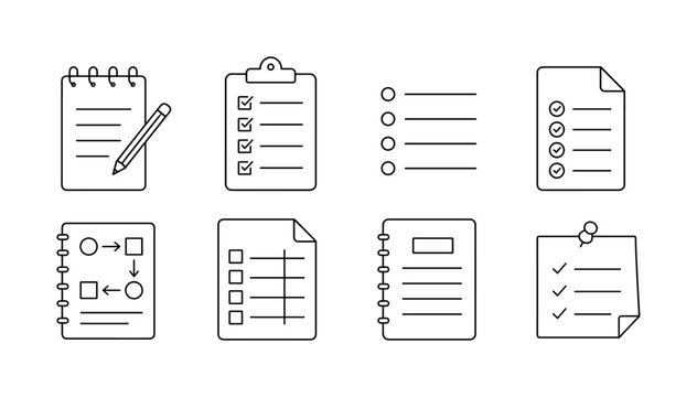 Notepad Task Manager ? line icon set with exactly 8 editable vector icons arranged in a 4x2 grid: notepad with pencil, clipboard checklist, bullet list, to-do document, workflow notes, task sheet,