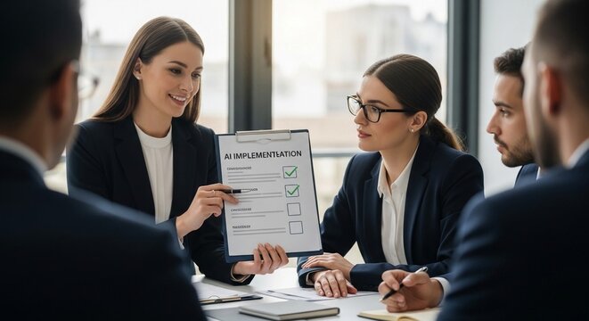 Business professionals in a collaborative meeting reviewing AI implementation document with checklist and progress markers.