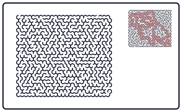 Maze puzzle design with highlighted solution path in inset box  