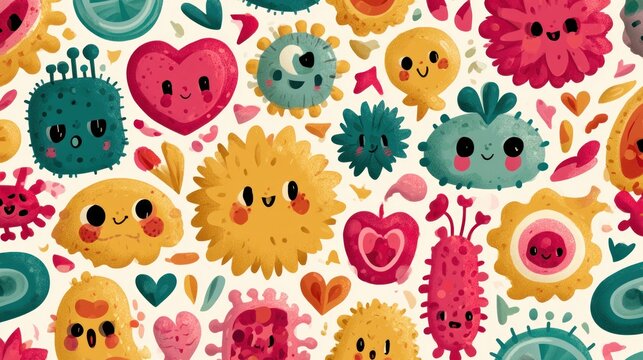 Cute cartoon bacteria and viruses with smiling faces on transparent background