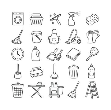 Housekeeping Equipment, line icon set, create 25 clean outline icons of laundry, washing machine, window wipe, hand spray, sponge, mop, bucket, housekeeping, vacuum cleaner, glove, clock, liquid