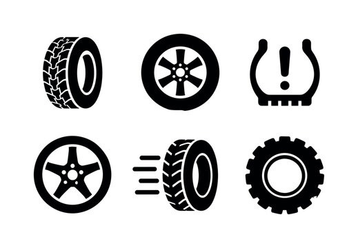 Auto Tire Symbol, solid glyph icon set, create 6 fully filled black glyph icons in a 3x2 layout showing auto tire, rubber wheel, tire pressure mark, rim circle, vehicle movement wheel, transport tire