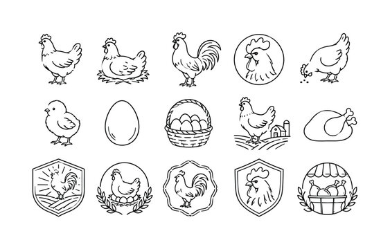 Chicken Rooster Label, line icon set, create 15 clean outline icons for chicken, hen, rooster, poultry, farm bird, chick, egg, agriculture, meat label, vintage rooster badge, domestic bird, food