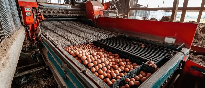 Automated conveyor belt collecting fresh brown chicken eggs in a modern industrial poultry production farm