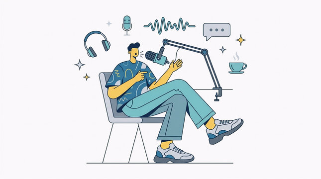 Clean vector illustration of audio content creator talking,Vector art of young man hosting a live podcast,Flat vector illustration of man recording a podcast episode