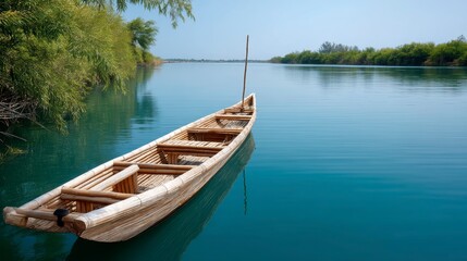 Obraz premium Cultural hybridity globalization, A traditional wooden boat floats peacefully on calm blue water surrounded by lush green trees under a clear sky.