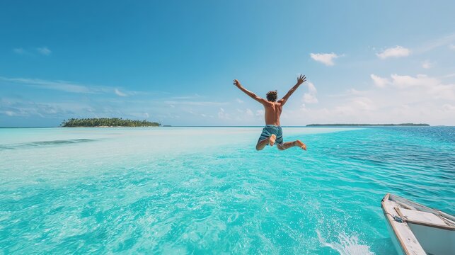 A person jumping into clear blue water.