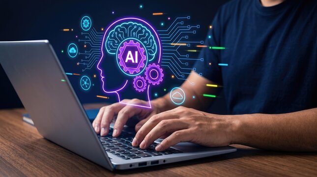 Artificial intelligence concept with neon AI head icon, person typing on laptop computer, digital brain and machine learning technology visualization