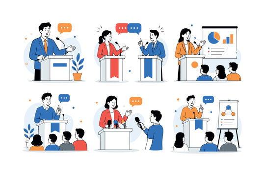 Podium Speech Stage, clean editorial illustration set, create 6 separate small editorial illustrations about podium, microphone, debate, conference speech, presentation stand, public lecture, press