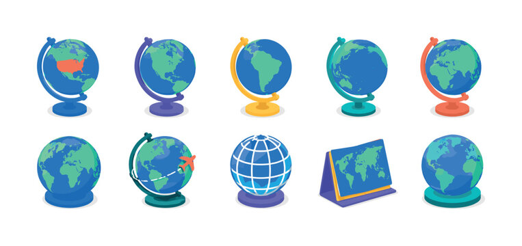 America Globe Map, isometric flat icon set, create 10 isometric object icons in a 5x2 layout showing USA globe, North America globe, South America globe, Pacific globe, Europe Asia globe, global map