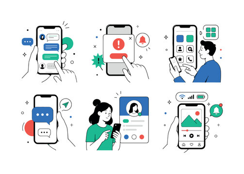 Smartphone UI Cards, clean editorial illustration set, create 6 separate small editorial illustrations about smartphone screen interface, chat layout, alert panel, app menu, message bubble, profile