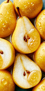 Macro Flat Lay of Golden Pears in Honey Syrup with Juicy Halves Filling the Frame