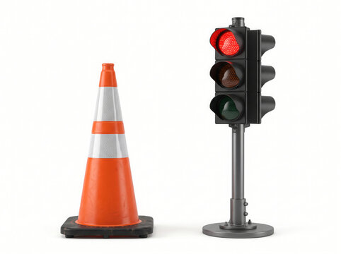 Traffic Cone Beside Red Traffic Signal