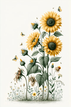 Vintage Botanical Sunflower Illustration with Butterflies and Wildflowers on White Background
