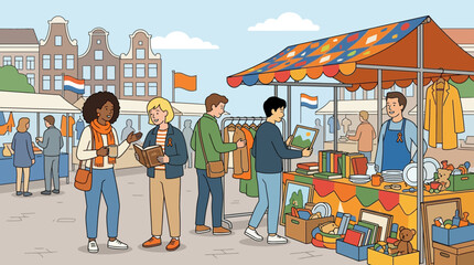 People Shopping at a Dutch Outdoor Flea Market Street Fair © Red