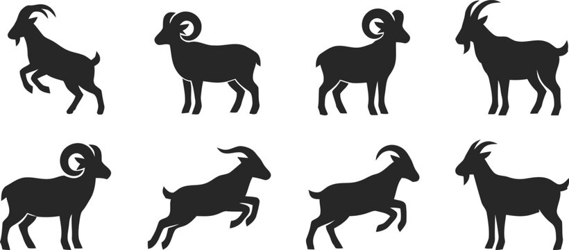 Goat & Ram Silhouette Icons Set &ndash; Farm Animal and Livestock Vector Collection