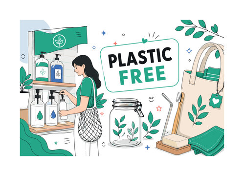 Plastic Free July. Plastic Free July banner with 1 main scene: shopper filling reusable bag at a refill station beside oversized glass jar and large tote bag reaching all canvas edges, with small