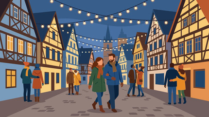People Walking in a Festive European Town Square at Night © Red