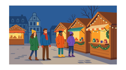 People Walking Through a Festive Evening Christmas Market Fair