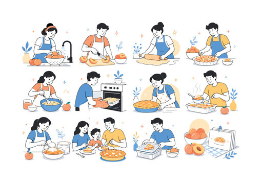 Peach Dessert Recipe Collection. Peach pie, cobbler, seasonal baking, vanilla ice cream, summer kitchens, fruit desserts, recipe planning, and sweet food. 12 minimalist editorial vector scenes: baker