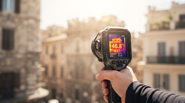 Hand Holding Thermal Camera Measuring Extreme City Building Heatwave Temperature