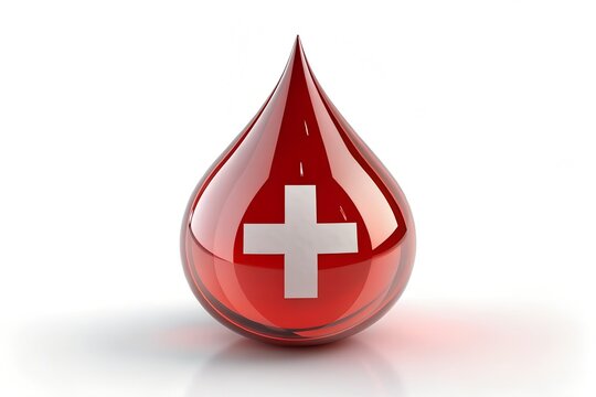 Red blood drop with a white cross symbol indicating medical aid or donation