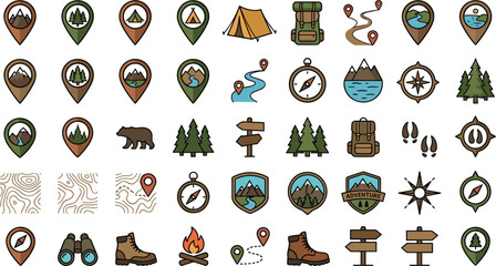 Camping and hiking adventure vector icon set featuring map pins tent compass boots backpack mountains trees bonfire and wildlife elements, © Monirul