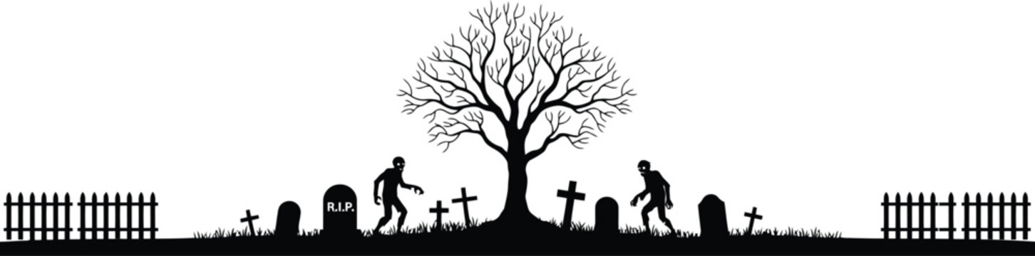 Silhouette of two zombies in a graveyard with a bare tree and fences
