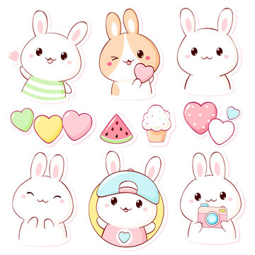 Set for scrapbooking in kawaii style. Cute badge, tag, label with bunny, heart, watermelon. Sweet rabbit themed сollection of cozy sticker. Can be used for t-shirt print, sticker, badge. Vector EPS8