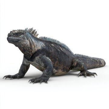 Full Body Side View Of A Dark Scaly Marine Iguana Isolated Against A Plain White Background