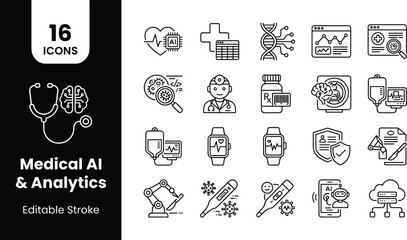 Fototapeta premium 16 Medical AI and Healthcare Analytics Outline Icon Set with Diagnostics, Patient Monitoring, Telemedicine, Genomics, Smart Devices, and Digital Health Symbols