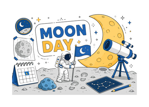 National Moon Day. National Moon Day banner with 1 main scene: astronaut placing a flag near a lunar footprint beside oversized crescent moon and large telescope reaching all canvas edges, with small