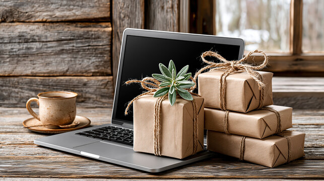 Laptop parcel package box gift online business workspace side hustle rustic desk cardboard wrapped twine coffee cup wooden table small shop home