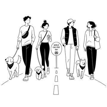 People walking dogs on an empty road for World Car-Free Day, vector illustration  