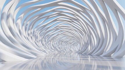 Obraz premium Ultra realistic futuristic parametric architectural tunnel made of flowing white curved ribs, endless perspective, soft daylight, minimal aesthetic, clean reflective floor, smooth organic geometry