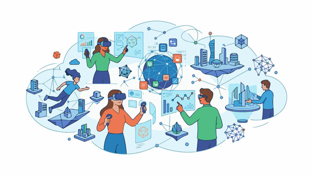 People interacting with virtual reality environments and futuristic cities