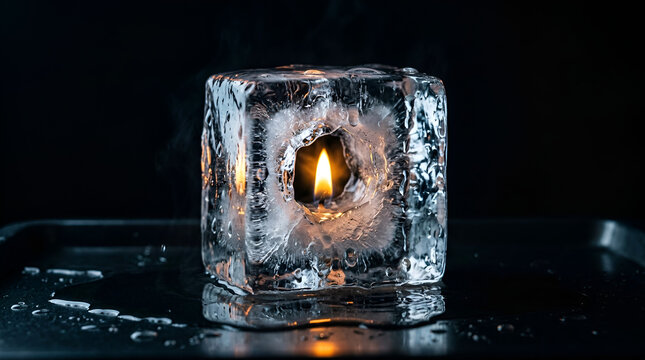 Candle flame burning inside a melting ice cube on dark reflective surface