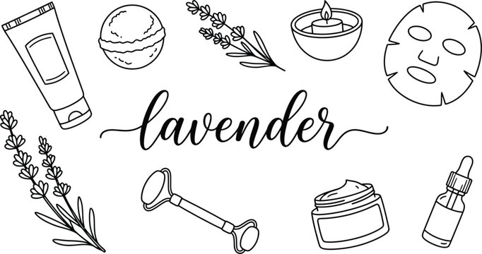 Lavender and natural skincare products doodle vector set featuring facial mask, cosmetic cream, roller, and herbal elements in line art style