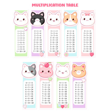 Multiplication table set. Collection of printable bookmarks or stickers with cute cartoon little cat and hearts. Collection of funny happy baby. Vector illustration EPS8