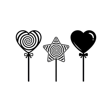Three black and white vector lollipops in heart and star shapes with spiral patterns, ribbon bows and glossy highlights playful minimalist concept