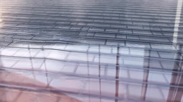 Cinematic CGI animation transforming a vintage red brick pavement into modern smooth asphalt. 3D visualization of urban renovation, infrastructure modernization, and city development.