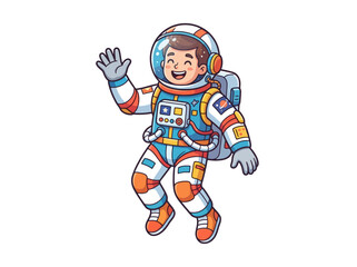 Obraz premium Smiling astronaut boy waving hello in a colorful spacesuit.