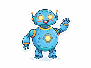 Fototapeta premium Cute blue robot waving hello with glowing yellow eyes and a big smile.