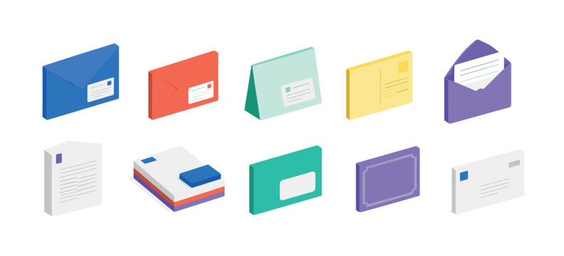Envelope Stationery Templates, isometric flat icon set, 10 isometric object icons of C5 envelope, C6 envelope, A5 card, A6 postcard, open mail envelope, folded letter sheet, business stationery stack,
