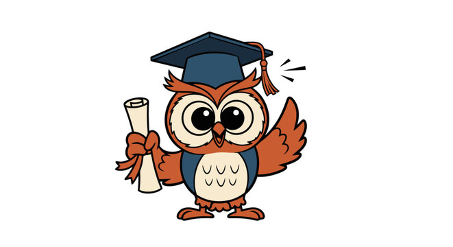 Wise owl mascot wearing a graduation cap holding a diploma on white