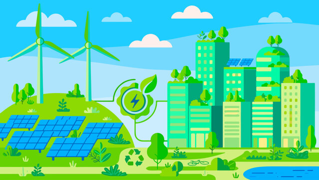Sustainable Eco-City Landscape Powered by Renewable Energy Illustrating Green Urban Development with Buildings, Solar Panels, and Wind Turbines for a Cleaner Future